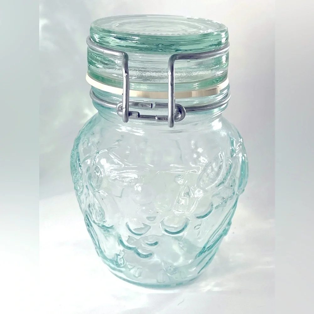 Green Glass Decanter w/ Cork and Canister w/ Bail Fruit Embossed Canada Mod Dep
